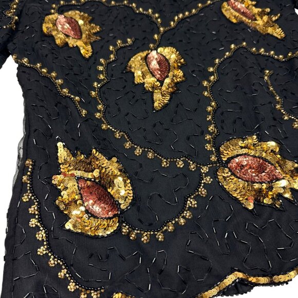 VTG 90s Stenay Beaded Top Sz.S Blak Gold Leaf Sequins Whimsigoth Fairy Formal - Picture 10 of 11